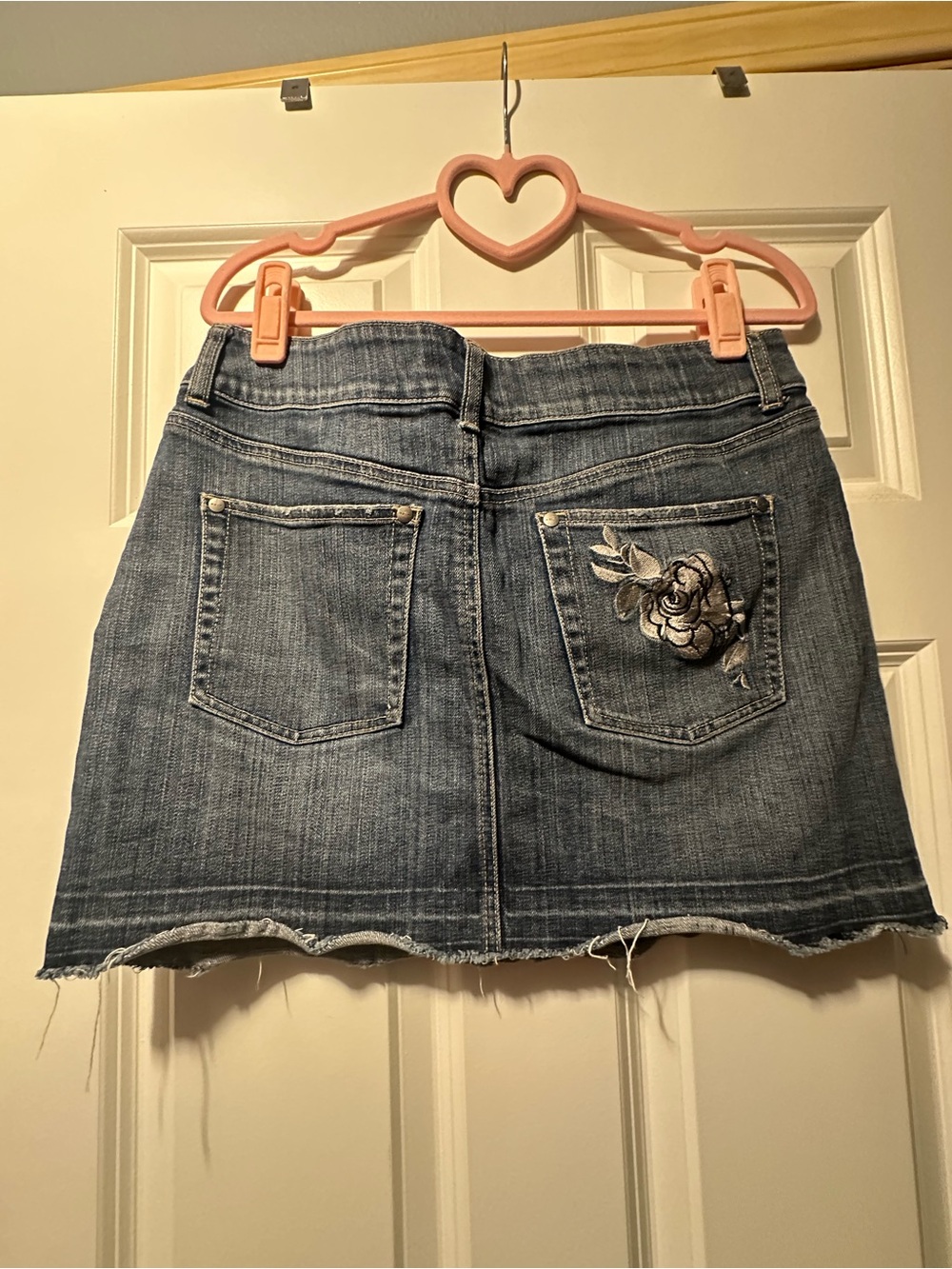 blanc noir Blue Denim Mini Skirt with Embroidered Rose Pocket